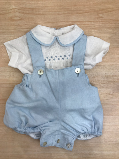 Completo Fofettes in cotone salopette con bretelle e camicia mezza manica con profilo e lavorazione di punto smock