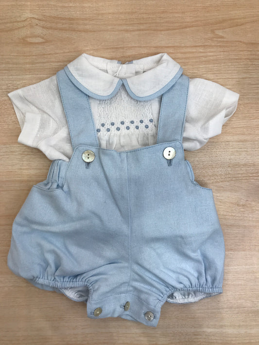 Completo Fofettes in cotone salopette con bretelle e camicia mezza manica con profilo e lavorazione di punto smock