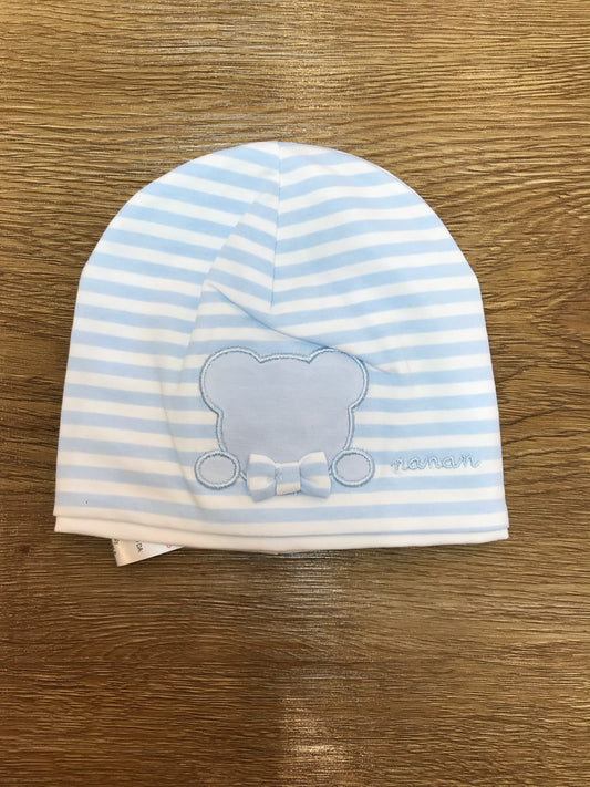 Cappello Nanan in cotone a righe bianche e celesti con piccolo orsetto