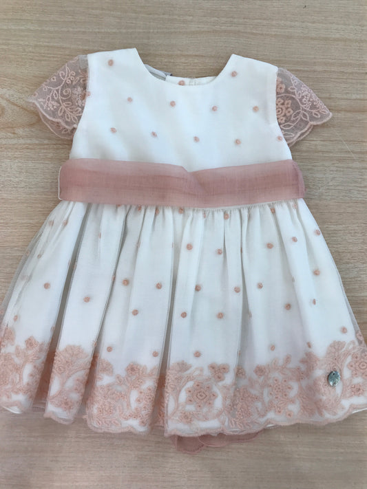 Abito Paz Rodriguez mezza manica in tulle con fascia in vita con pois e pizzo in basso