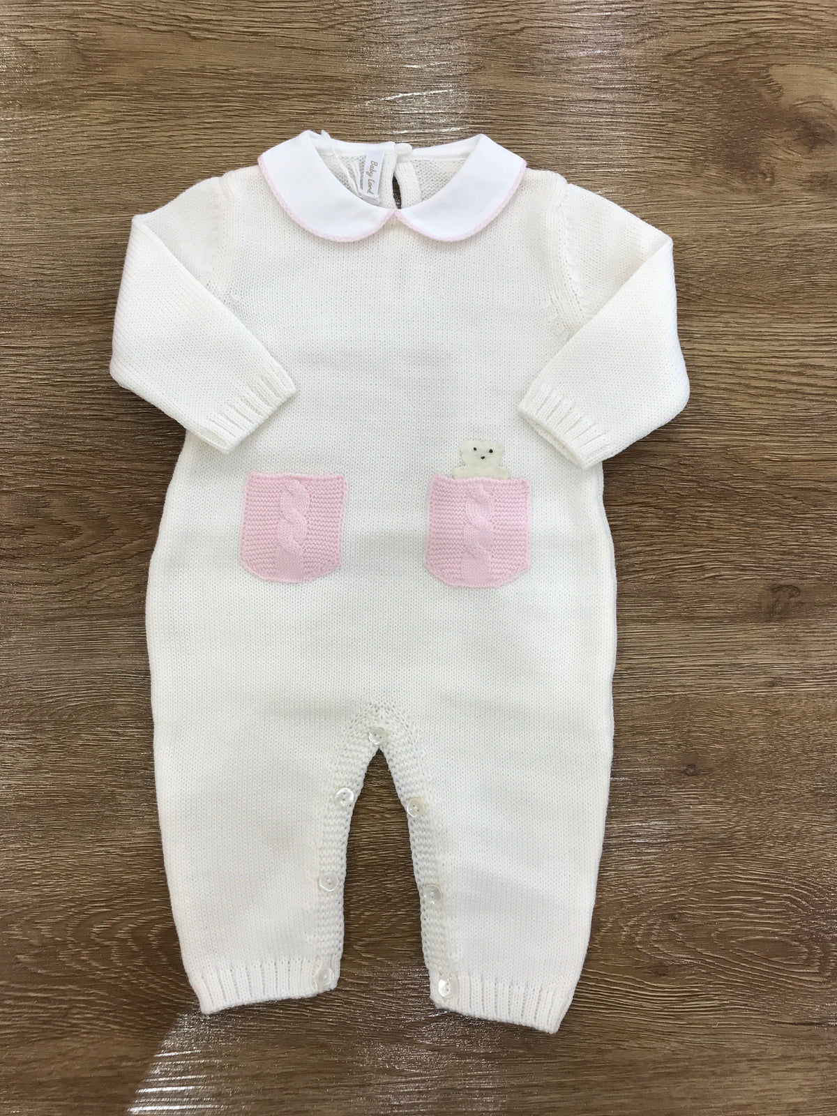 Tutina Baby Lord in lana intera panna con taschine rosa ed orsetto che fuoriesce