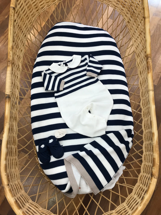 Coordinato nascita Baby Lord infilo a righe bianche blu e beige tutina due pezzi babbucce blu scuro