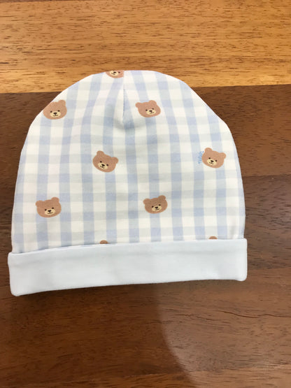 Cappello Nanan in cotone con risvolto a quadretti bianchi e celesti con orsetti