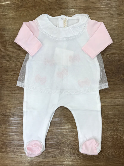 Tutina Cielo Blu intera bianca con fiocchetti rosa e velo in tulle