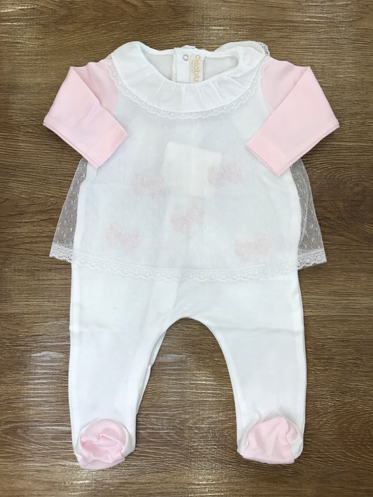 Tutina Cielo Blu intera bianca con fiocchetti rosa e velo in tulle