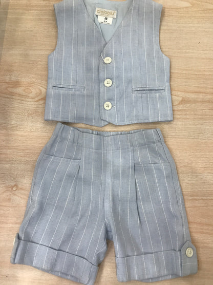 Completo Cielo Blu in cotone pantalone all'inglese con panciotto a celeste con righe bianche