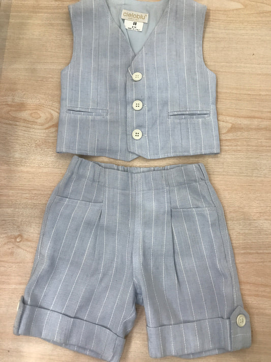 Completo Cielo Blu in cotone pantalone all'inglese con panciotto a celeste con righe bianche