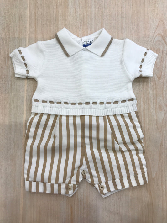 Pagliaccetto Colori Chiari in filo bianco a righe tortora mezza manica con rifiniture tortora