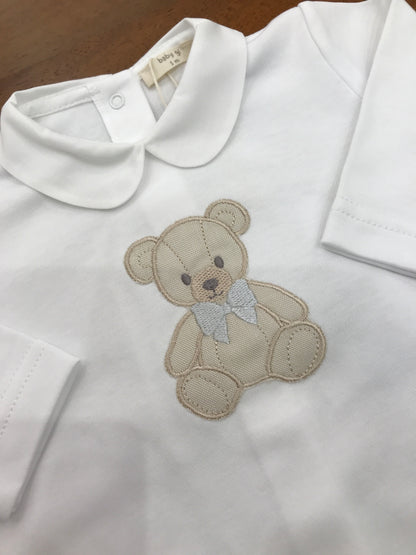Tutina Baby Gi  bianca in cotone manica lunga manica lunga con orsetto ricamato sul davanti