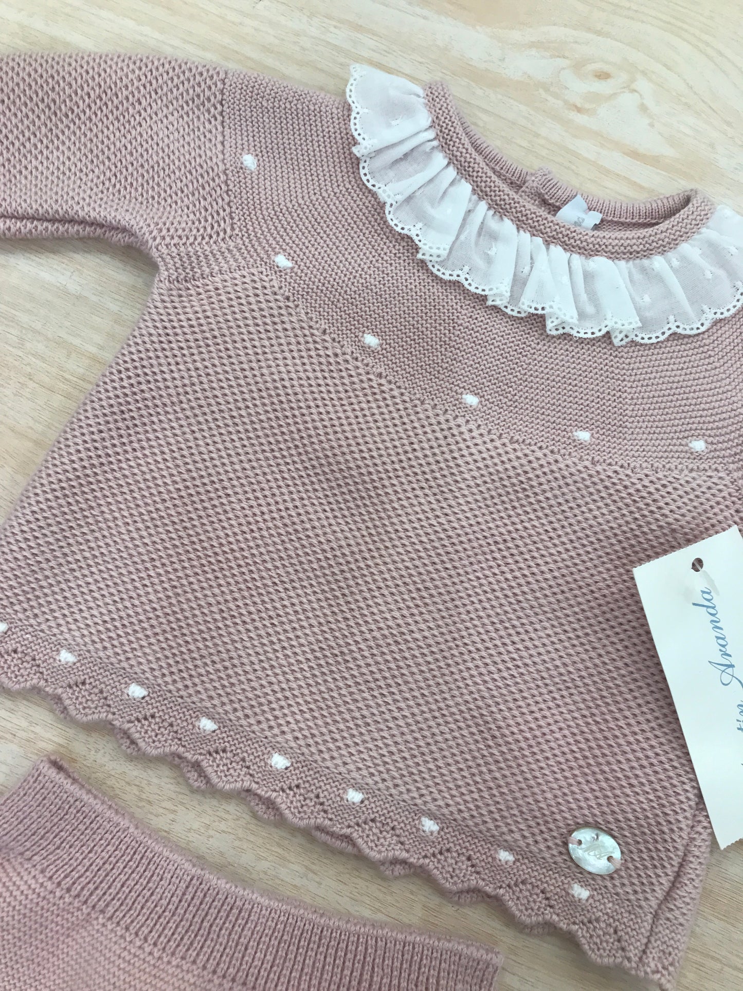 Tutina Martin Aranda in filo due pezzi manica lunga gamba lunga con piedini con pois bianchi e rusche al colletto