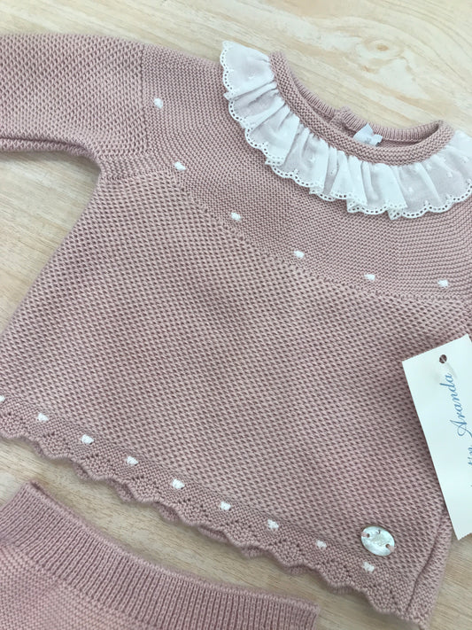 Tutina Martin Aranda in filo due pezzi manica lunga gamba lunga con piedini con pois bianchi e rusche al colletto