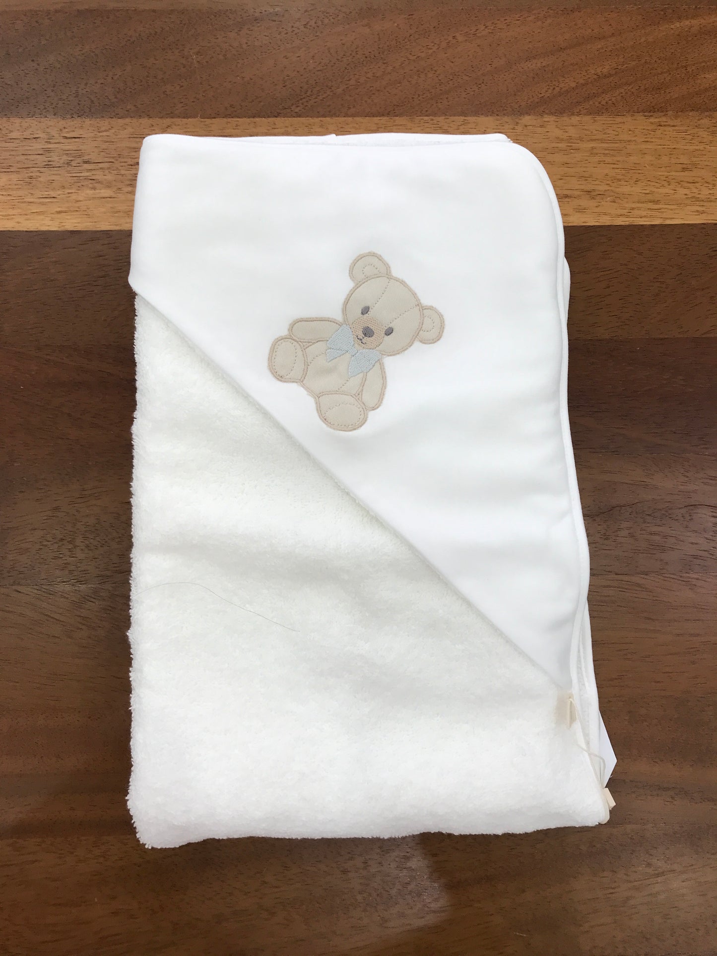 Telo Bagnetto Baby Gi con angolo bianco con orsetto ricamato con fiocco grigio