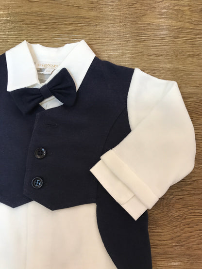 Tutina Cielo Blu in caldo cotone intera bianca con finto gilet blu scuro e papillon