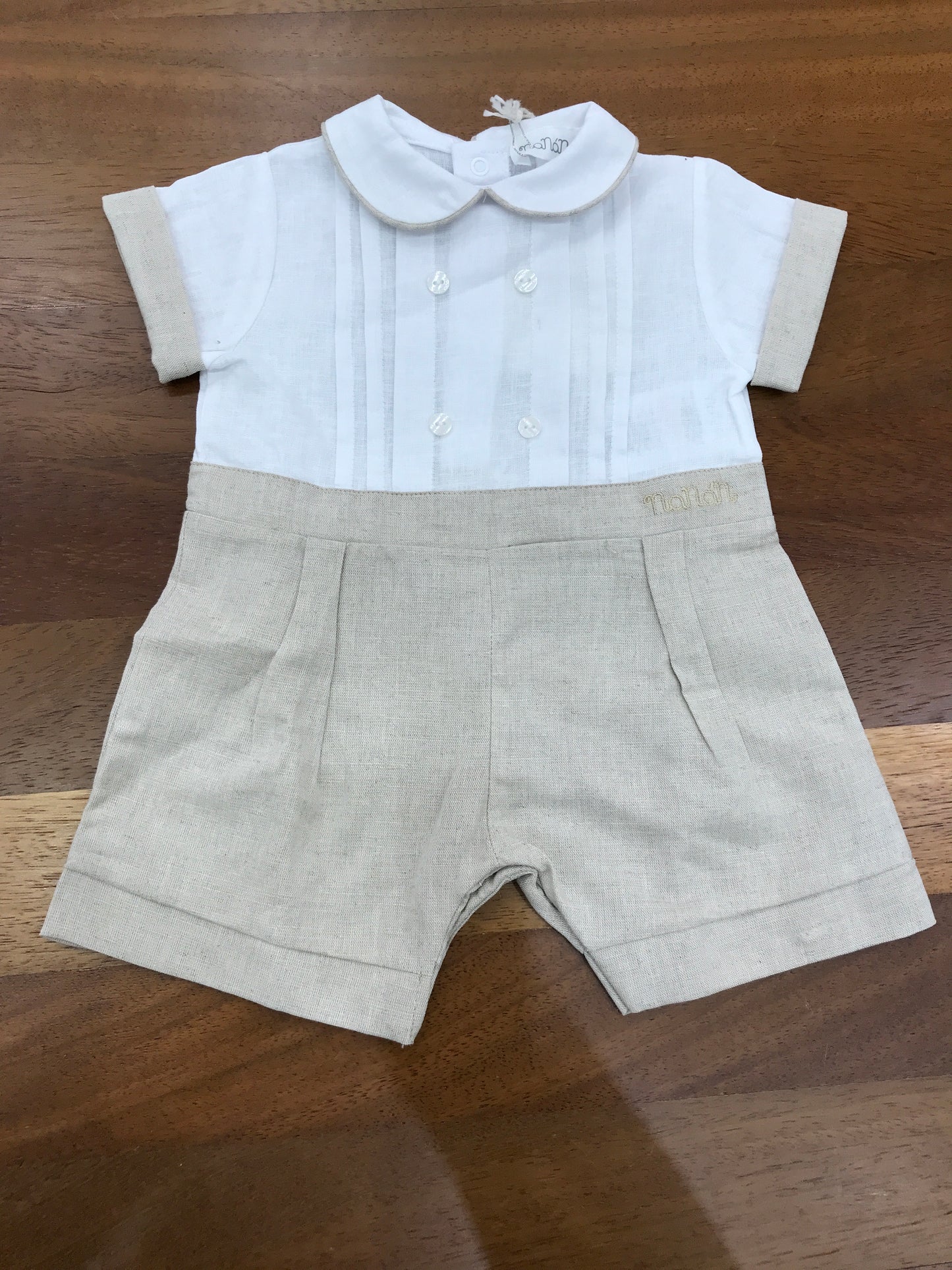 Pagliaccetto Nanan in lino mezza manica collo tondo beige e bianco