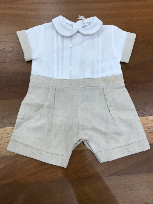 Pagliaccetto Nanan in lino mezza manica collo tondo beige e bianco