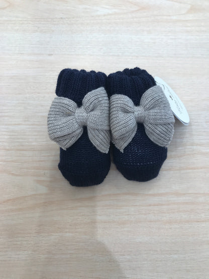 Babbucce Baby Lord in lana blu scuro con fiocco tortora