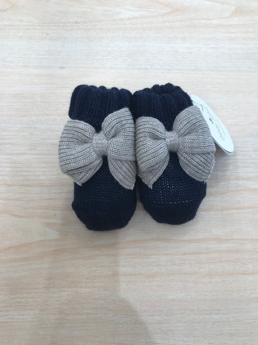Babbucce Baby Lord in lana blu scuro con fiocco tortora