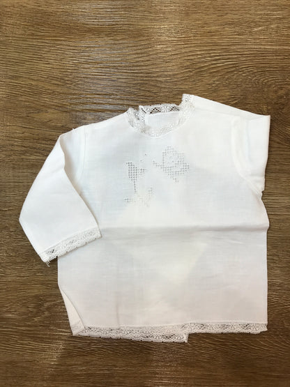 Camicino Piccola Giuggiola in lino manica lunga con valancienne e ricamo sul davanti