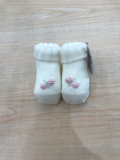 Babbucce Baby Lord lana con rose rosa ricamate sul davanti