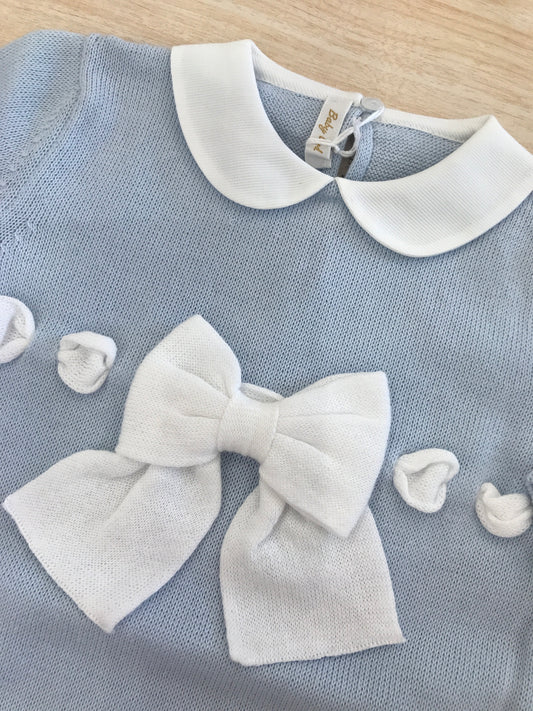 Tutina Baby Lord in filo celeste manica lunga gamba lunga con colletto bianco con passanastro e fiocco bianco al centro