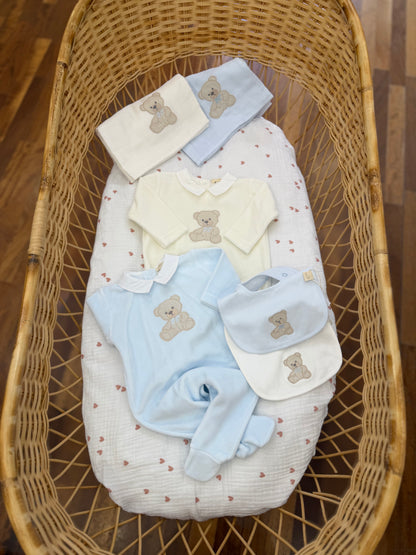 Coordinato nascita Baby Gi in ciniglia con orsetti con fiocchetti