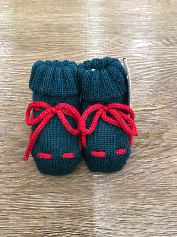 Babbucce Baby Lord in lana verde scuro con laccio passanastro rosso