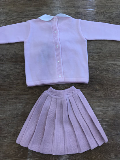 Completo Baby Lord in lana due pezzi rosa e rosa antico con fiocco centrale e gonna plissettata