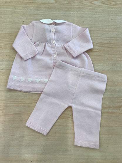 Completo Baby Lord in filo due pezzi manica lunga gamba lunga con fiocchetti bianchi e cuori ricamati