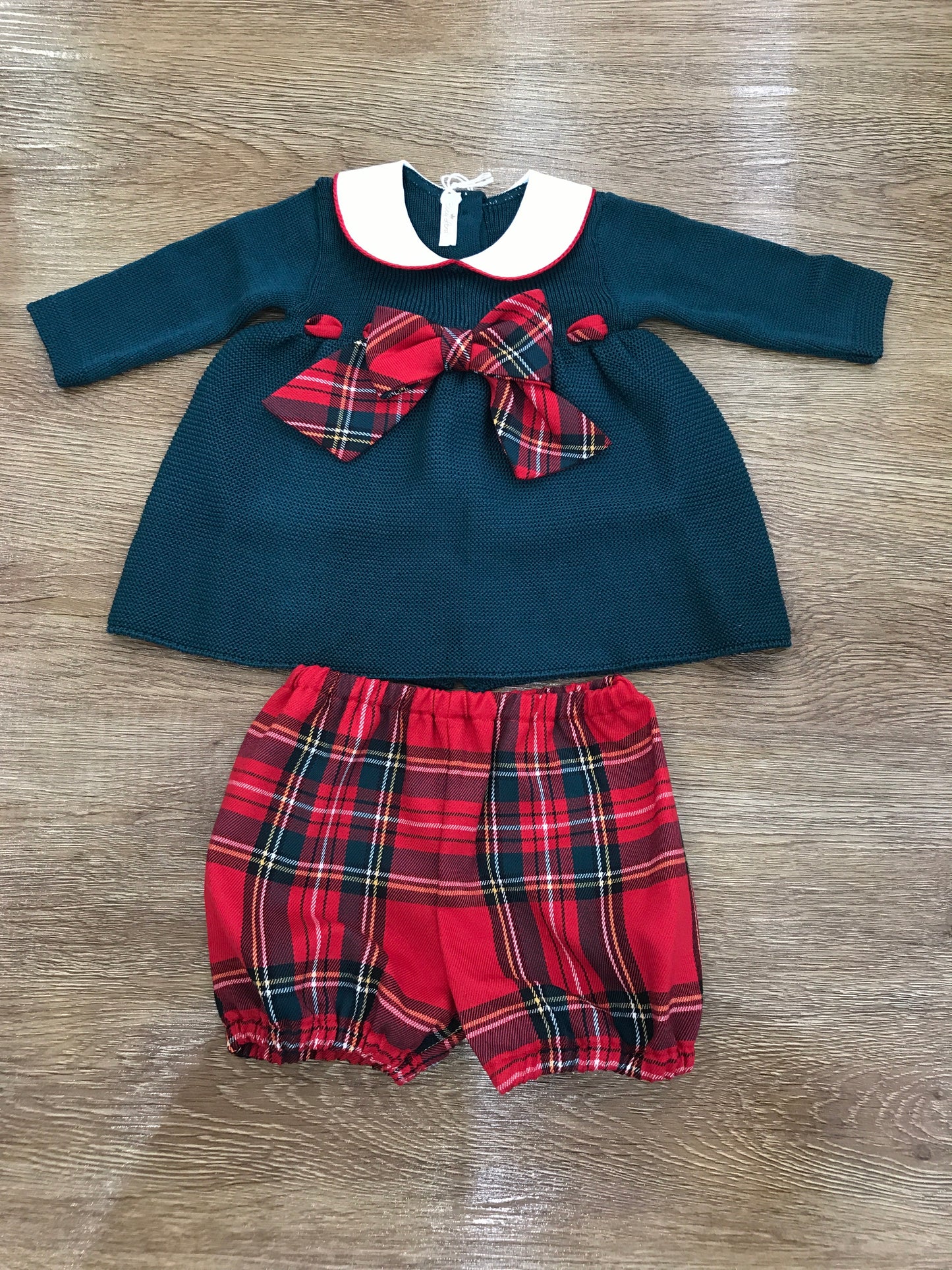 Completo Baby Lord in lana due pezzi verde scuro con fiocco scozzese e culotte