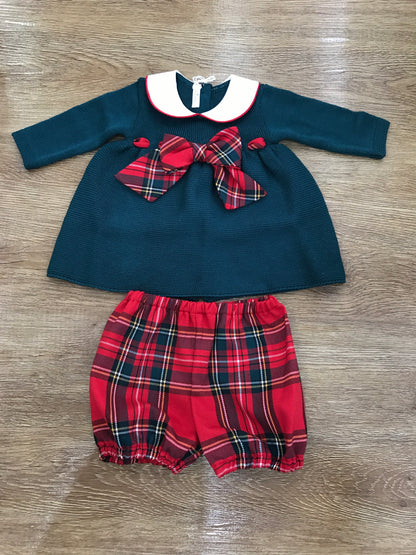 Completo Baby Lord in lana due pezzi verde scuro con fiocco scozzese e culotte