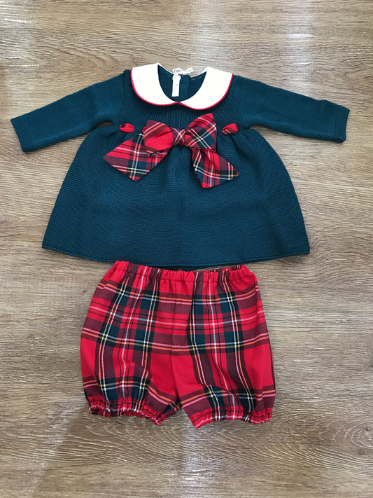 Completo Baby Lord in lana due pezzi verde scuro con fiocco scozzese e culotte