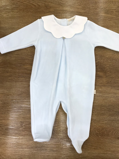 Tutina Baby Gi in ciniglia celeste intera con collo tondo smerlato