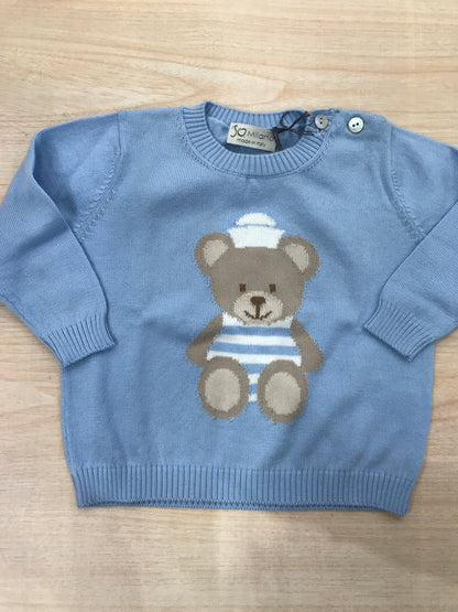 Maglione Jo Milano in filo celeste con orsetto marinaretto sul davanti