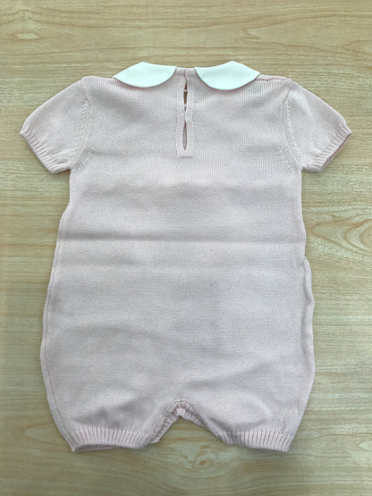 Pagliaccetto Baby Lord in filo mezza manica con colletto bianco con pois rosa e fiocco con passanastro bianco sul davanti