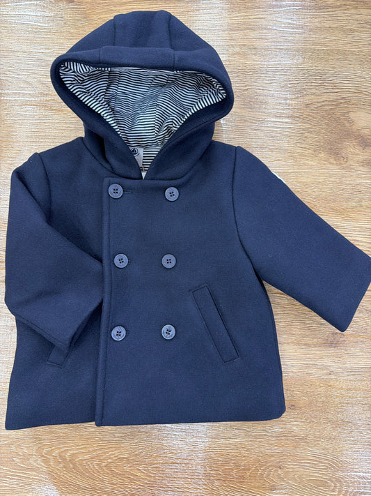 Cappotto Petit Bateau blu scuro con tasche bottoncini e cappuccio interno a righe