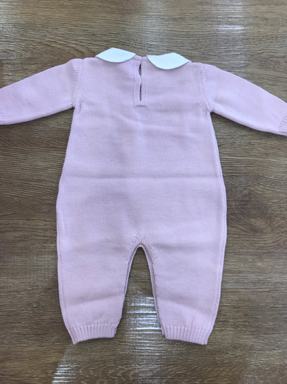 Tutina Baby Lord intera in lana rosa antico con fiocchetto ricamato sul davanti