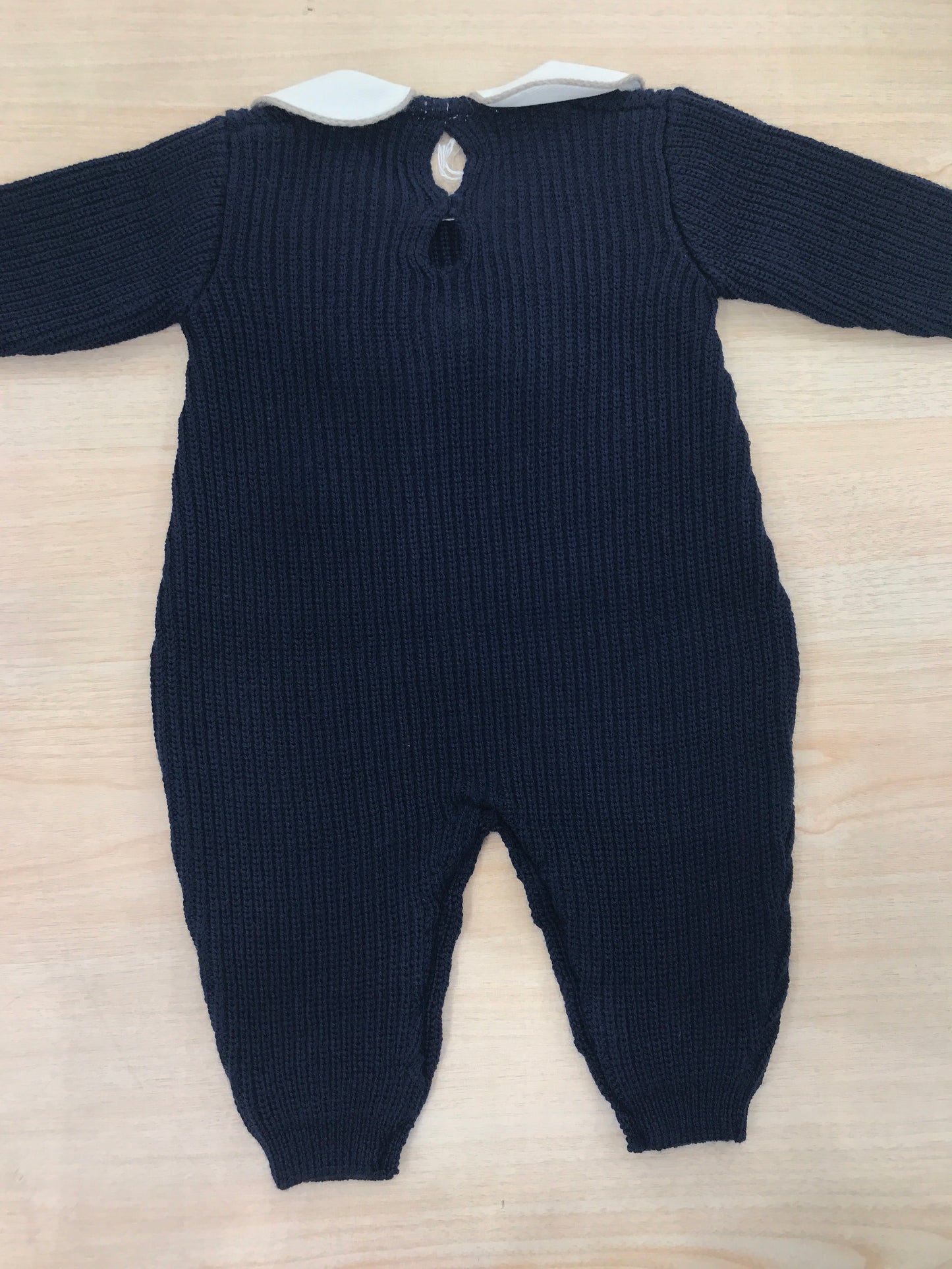 Tutina Baby Lord in lana a costa inglese blu scuro intera con fiocco tortora e colletto rifinito torortora