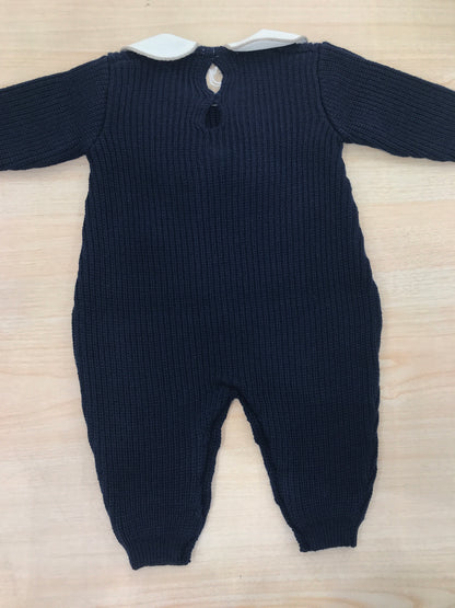 Tutina Baby Lord in lana a costa inglese blu scuro intera con fiocco tortora e colletto rifinito torortora