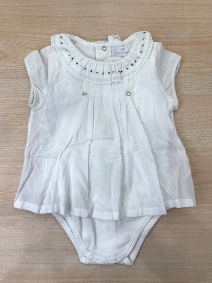 Body Laranjinha in cotone mezza manica con effetto camicia con collo con rusche rifinita in san gallo con pois blu ricamati