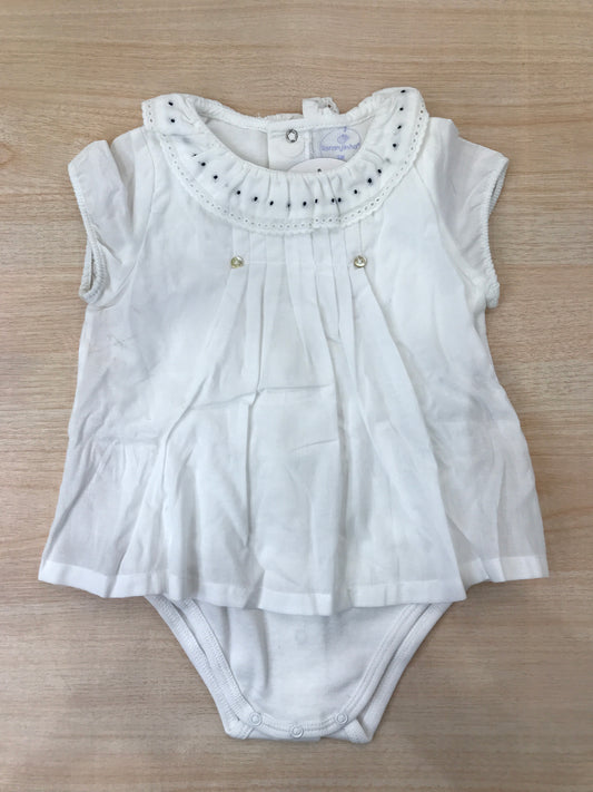 Body Laranjinha in cotone mezza manica con effetto camicia con collo con rusche rifinita in san gallo con pois blu ricamati