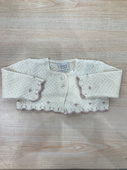 Cardigan Paz Rodriguez in filo panna con rifiniture rosa antico con piccoli bottoncini sul davanti