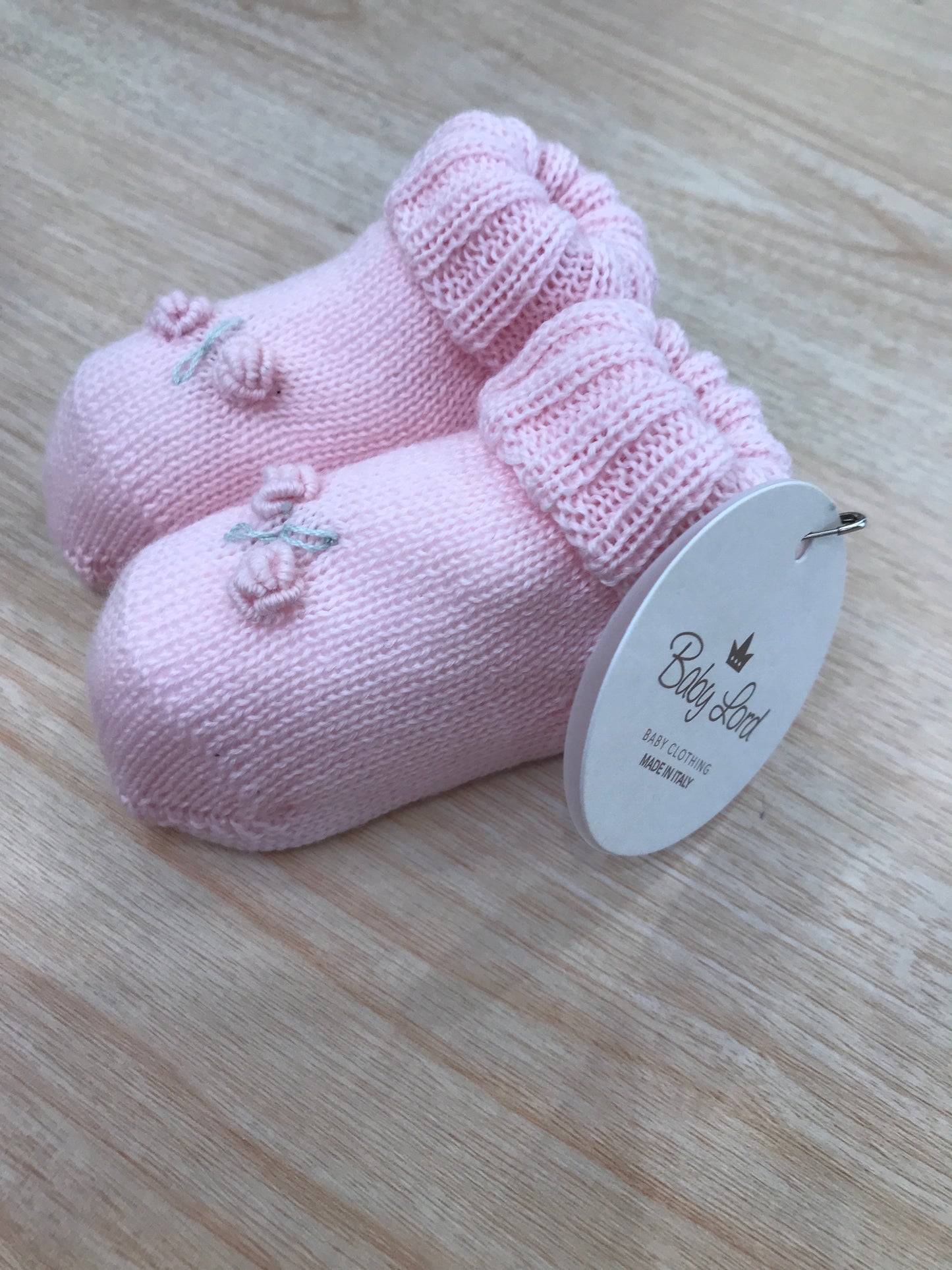 Babbucce Baby Lord in lana rosa con rosa ricamata a mano