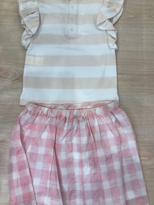 Completo Coccodè in cotone t-shirt smanicata a righe con rusche con fiocchetto laterale gonna a quadretti bianchi e rosa
