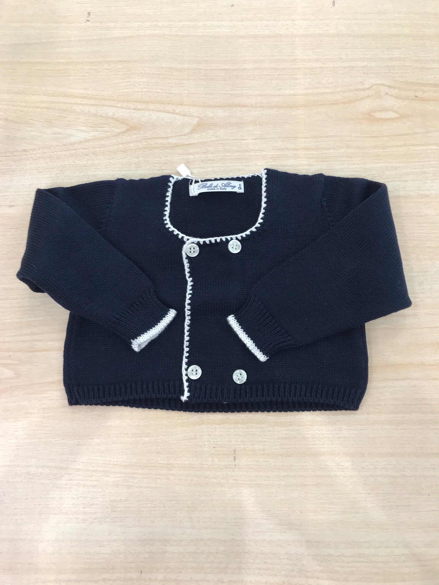 Cardigan Bebè di Almy in filo blu scuro con rifiniture bianche
