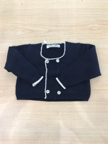 Cardigan Bebè di Almy in filo blu scuro con rifiniture bianche