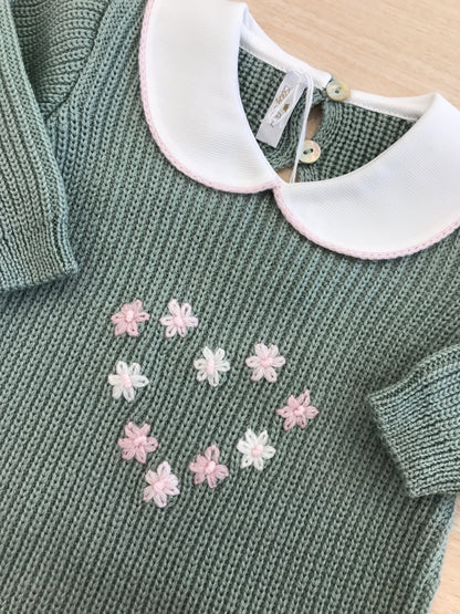 Tutina Baby Lord in lana manica lunga gamba lunga a costa inglese con cuore ricamato da margherite e colletto rifinito in rosa