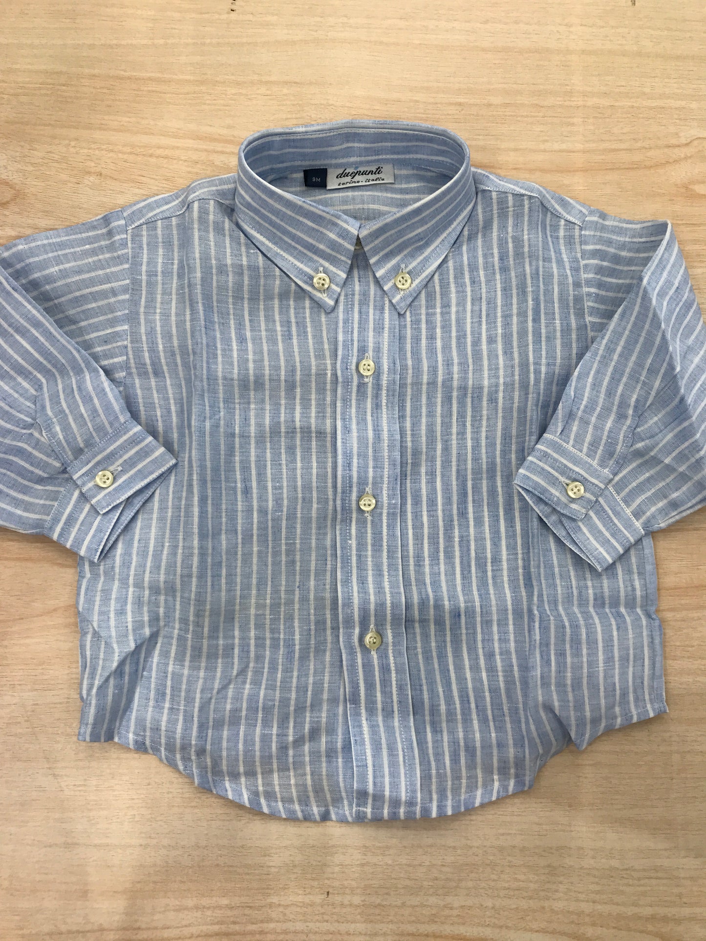 Camicia Duepunti in lino celeste con righe bianche manica lunga con colletto a punta