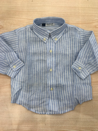 Camicia Duepunti in lino celeste con righe bianche manica lunga con colletto a punta