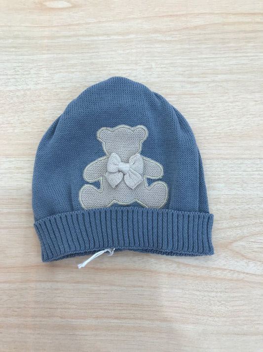 Cappello Baby Lord in filo avio con risvolto con orsetto tortora sul davanti