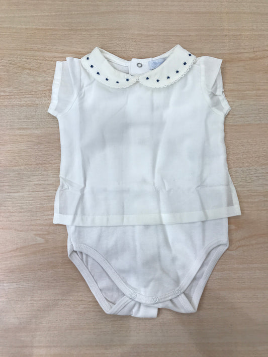 Body Laranjinha in cotone smanicato con effetto camicia con colletto smerlato con stelline blu ricamate
